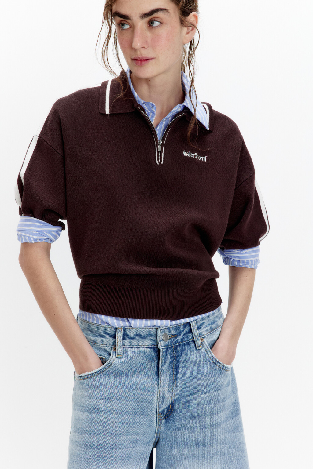 Футболка-поло вязаная с надписью на груди - цвет коричневый - 1