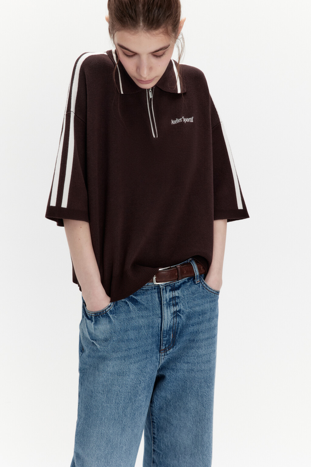 Футболка-поло вязаная с надписью на груди - цвет коричневый - 5