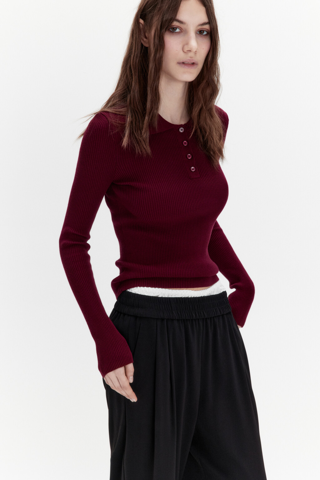 Джемпер-поло облегающий в рубчик - цвет бордовый - 1