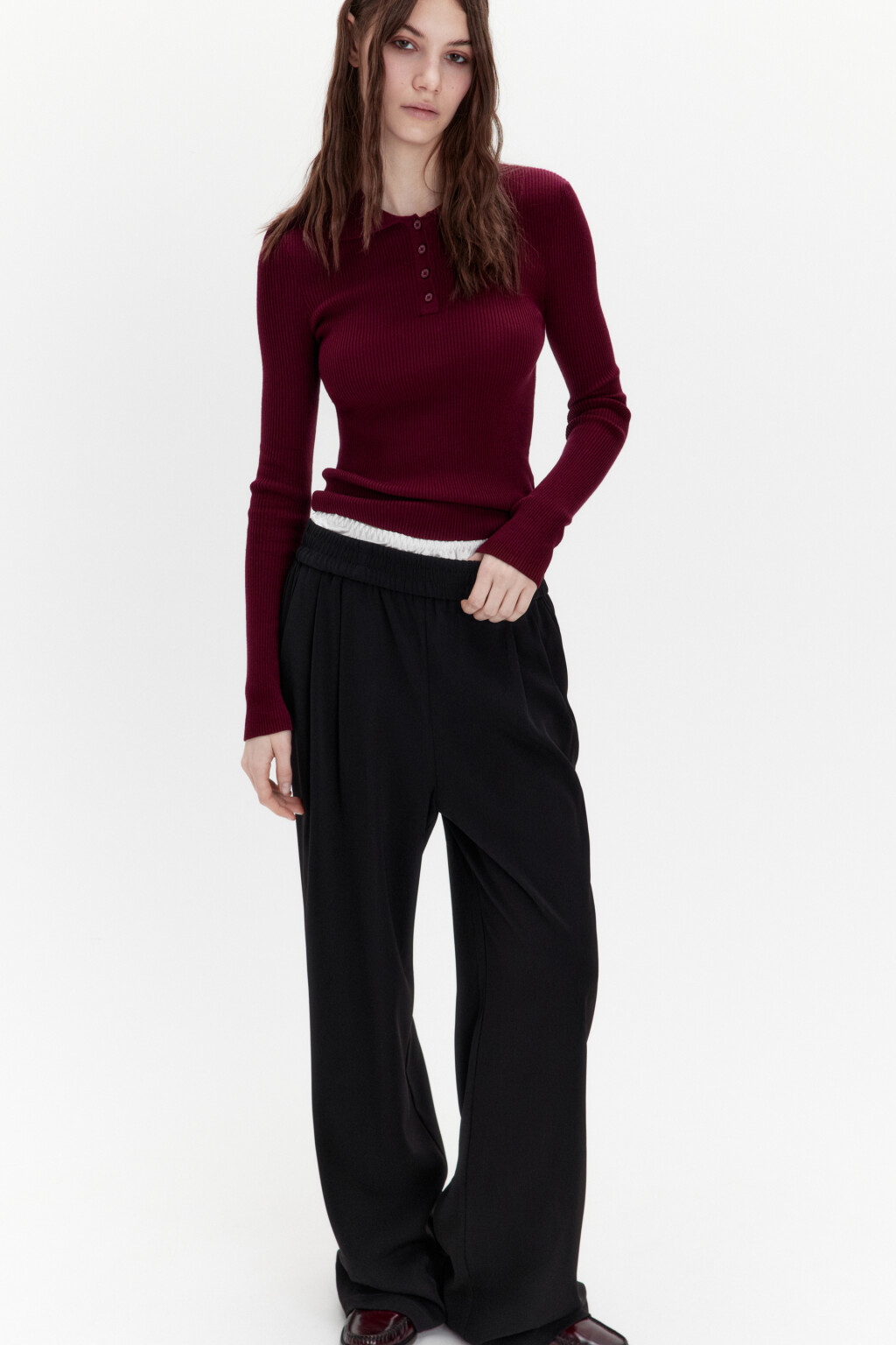 Джемпер-поло облегающий в рубчик - цвет бордовый - 2