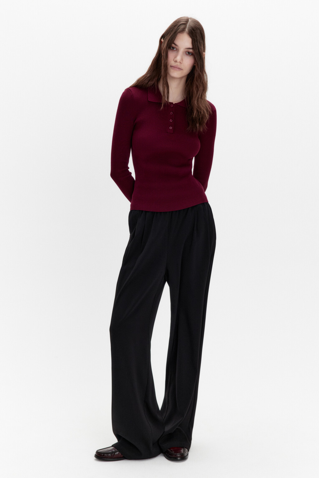 Джемпер-поло облегающий в рубчик - цвет бордовый - 5