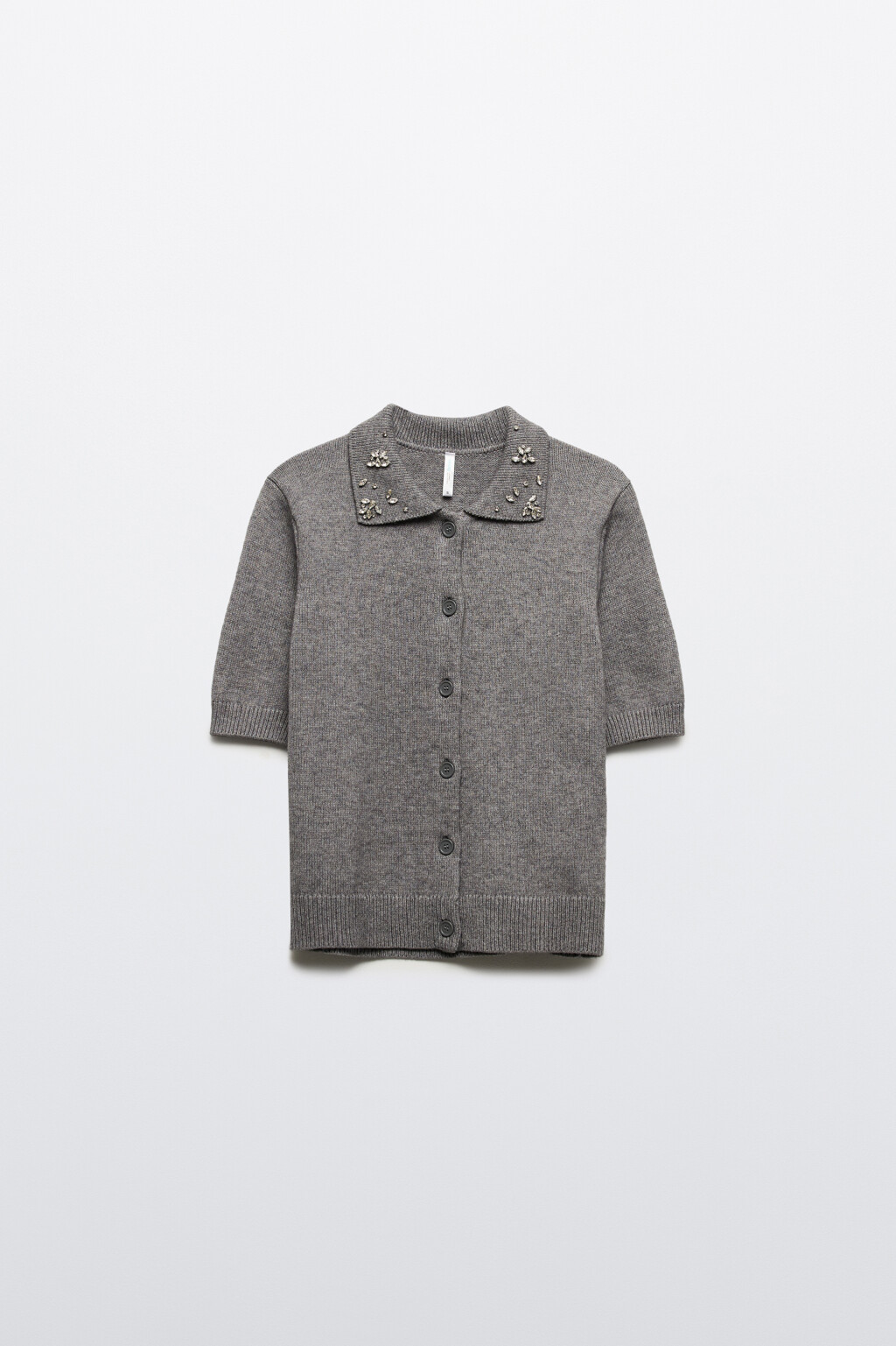 Кардиган вязаный с короткими рукавами и вышивкой - цвет серый - 8