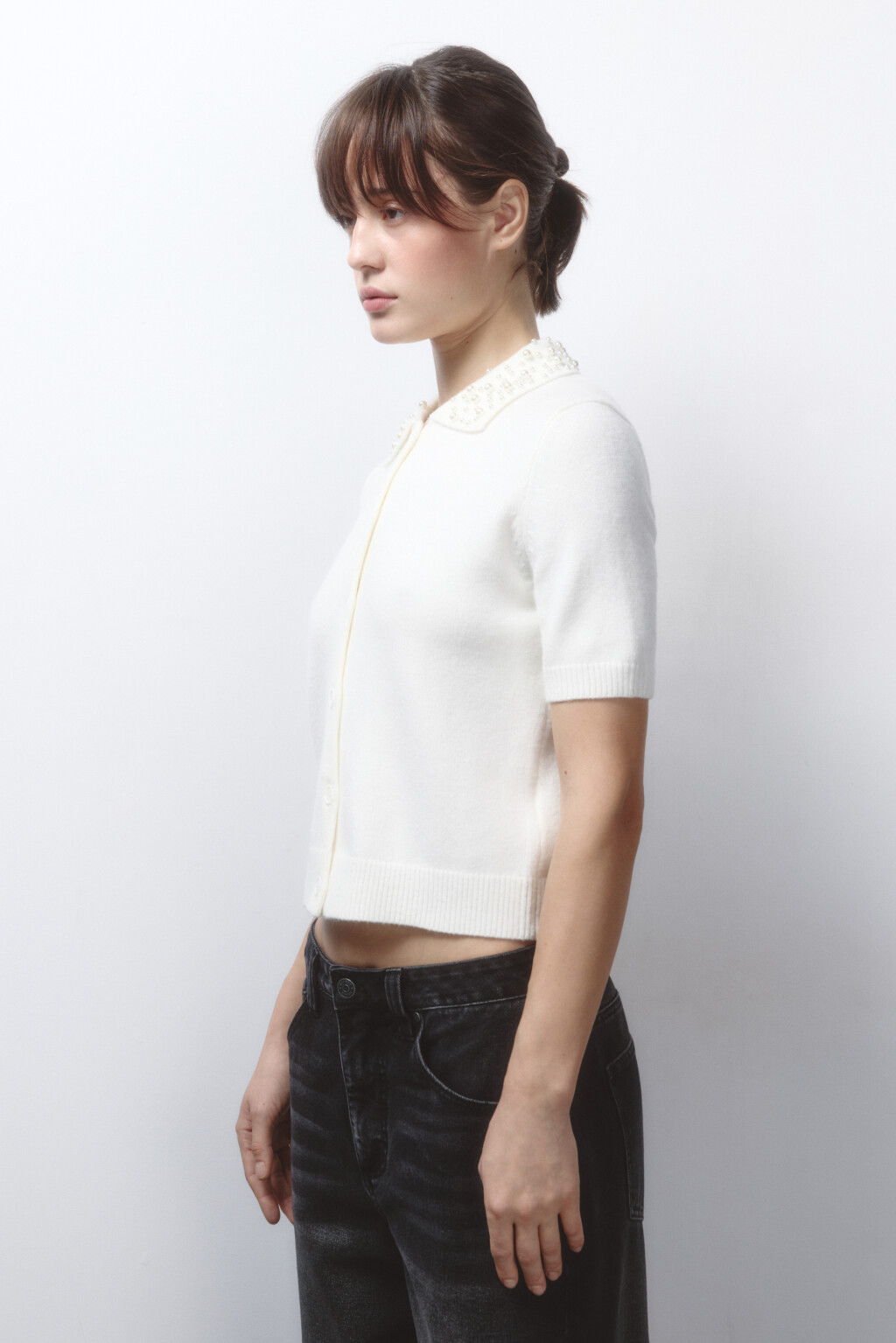 Кардиган вязаный с короткими рукавами и вышивкой - цвет молочный - 3