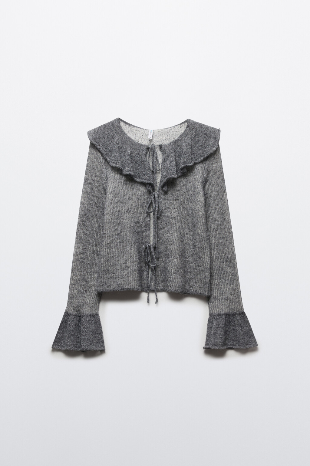 Кардиган на завязках с воротником и воланами - цвет серый - 7