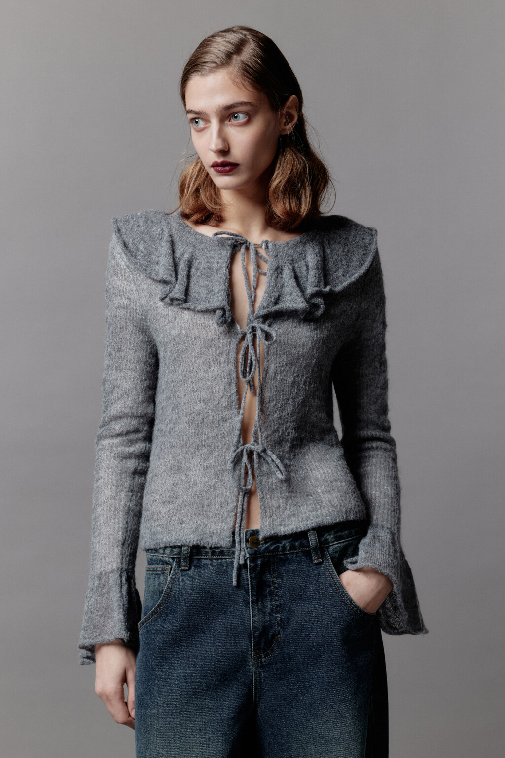 Кардиган на завязках с воротником и воланами - цвет серый - 2