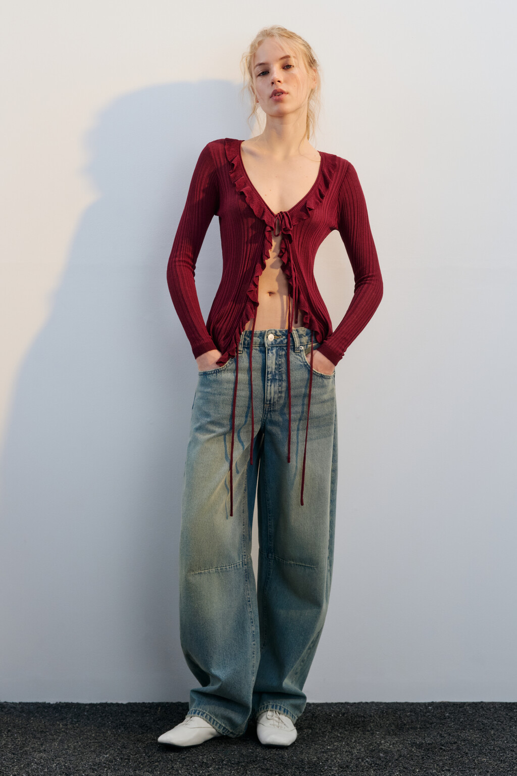 Кардиган тонкий на завязках с оборками - цвет бордовый - 5