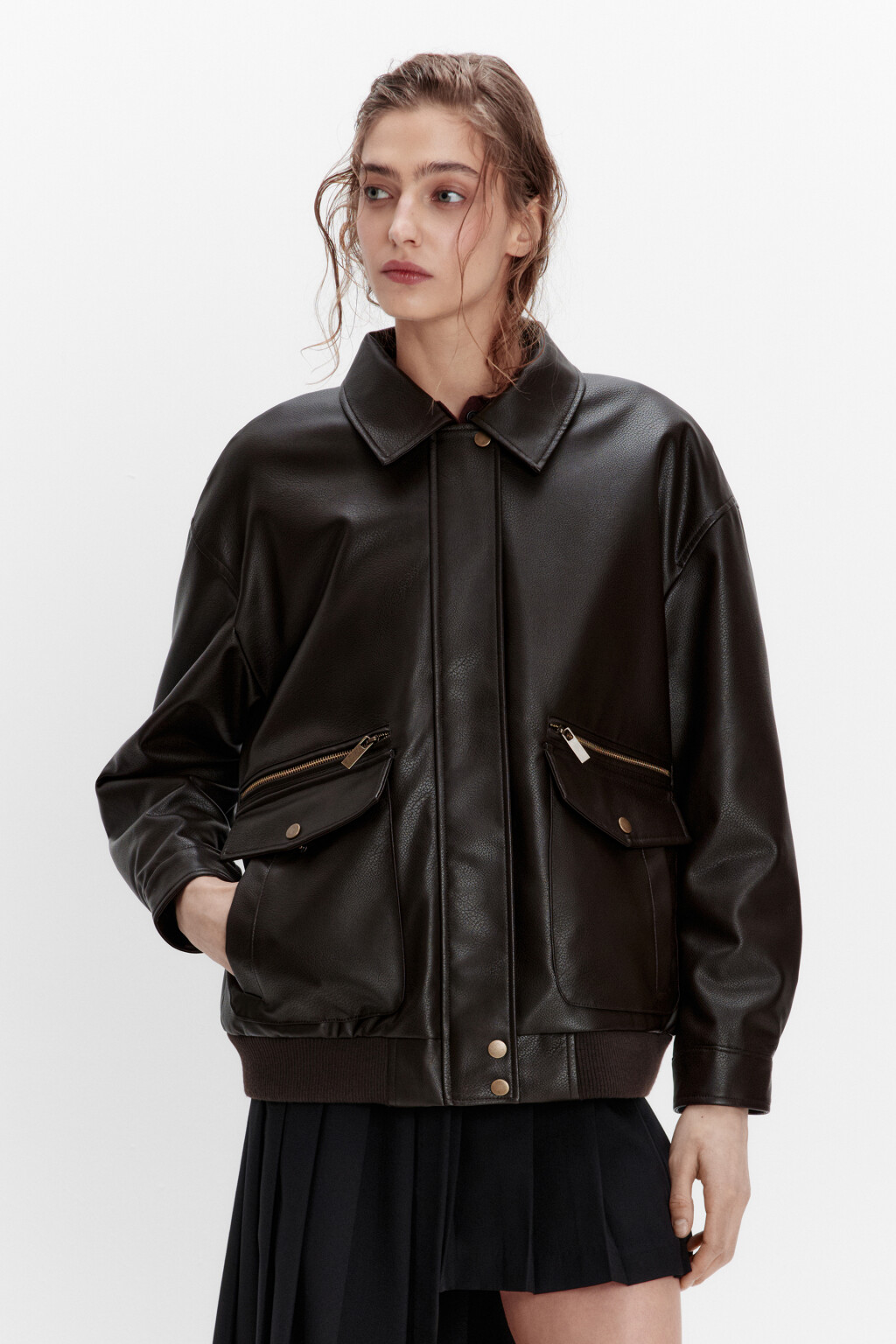 Куртка-бомбер из искусственной кожи на утеплителе - цвет коричневый - 2