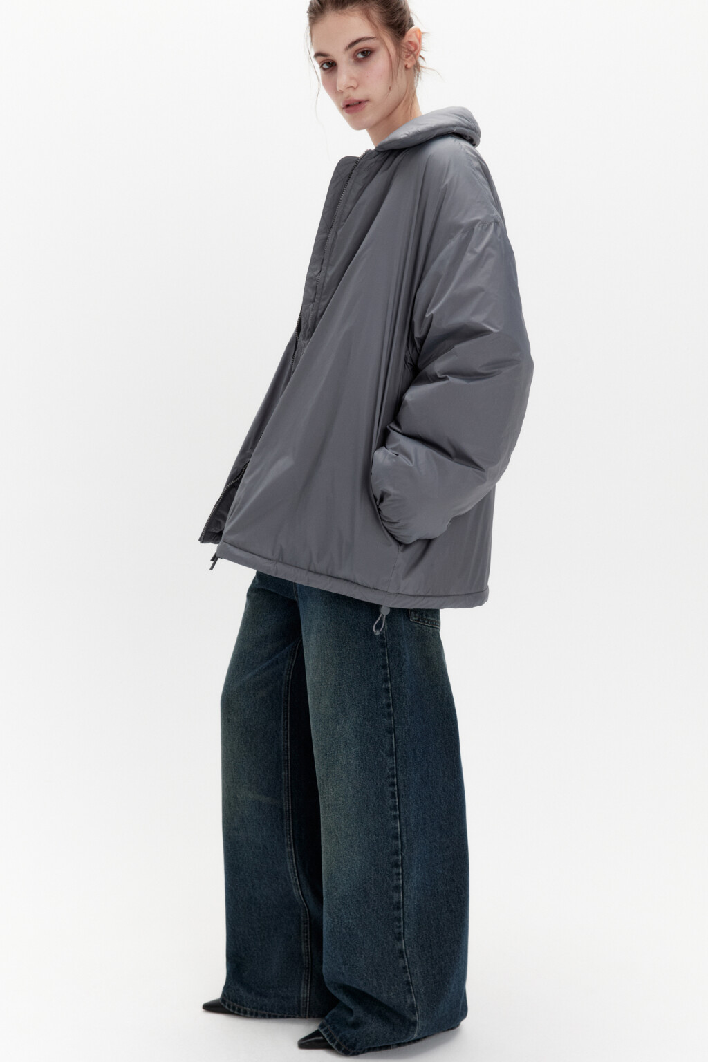 Куртка из нейлона с отложным воротником - цвет серый - 1