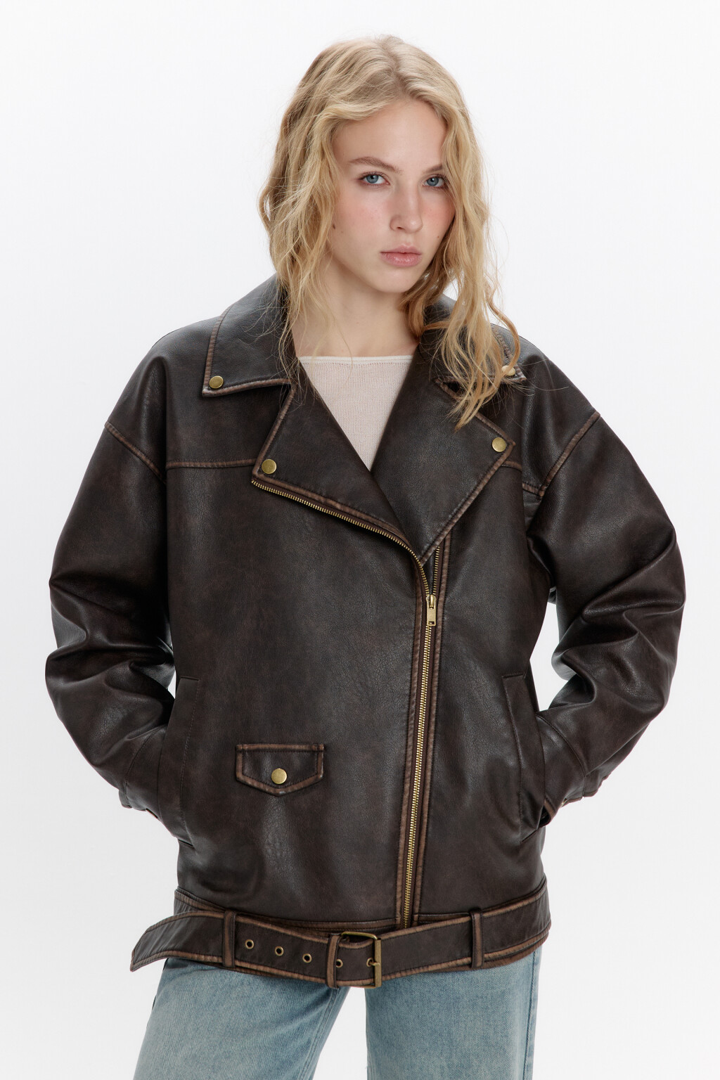 Куртка-косуха oversize в винтажном стиле - цвет коричневый - 3