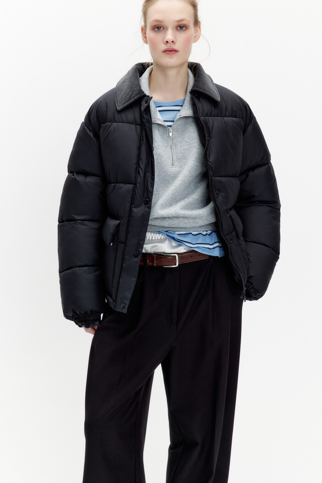 Куртка-рубашка утепленная с вельветовым воротником - цвет черный - 1