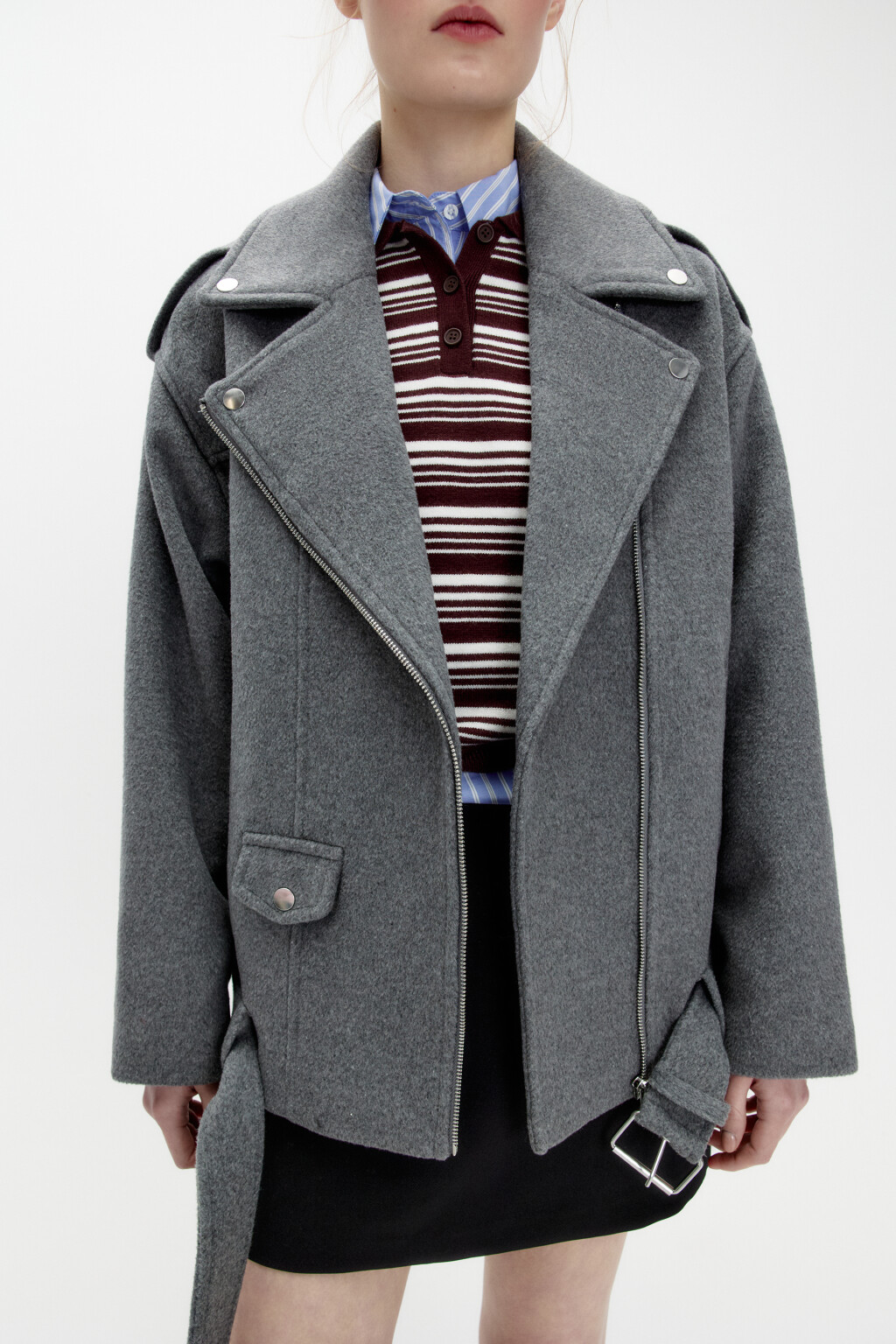 Куртка-косуха из драповой ткани с ремнем - цвет серый - 1