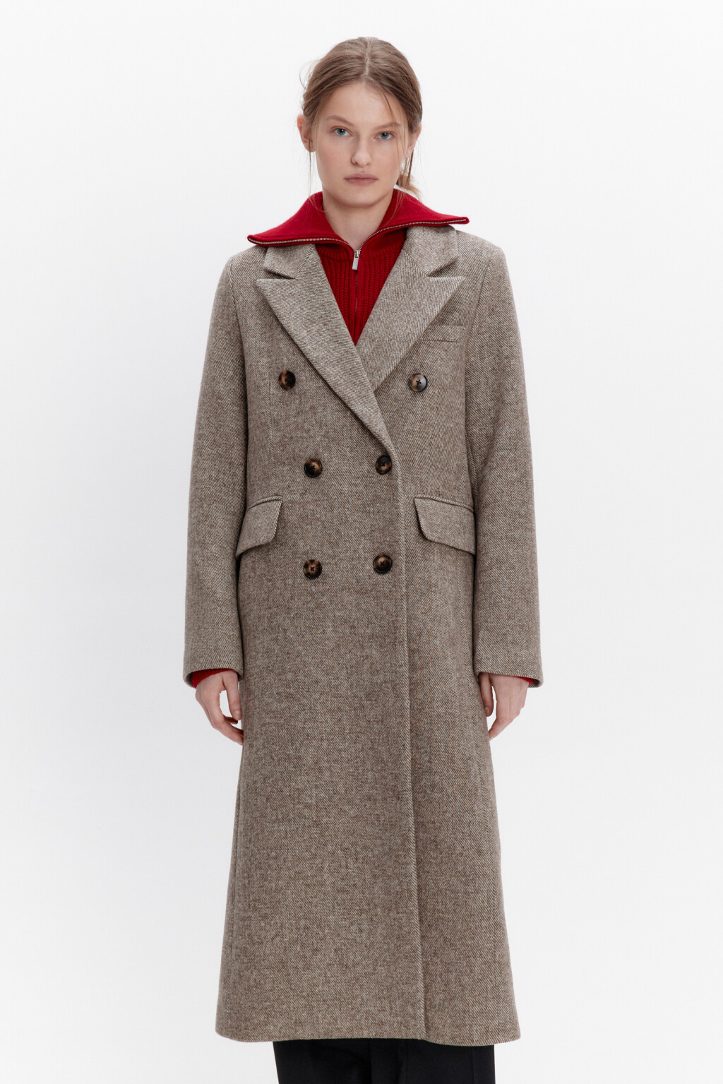 Пальто двубортное драповое с шерстью - цвет коричневый - 8