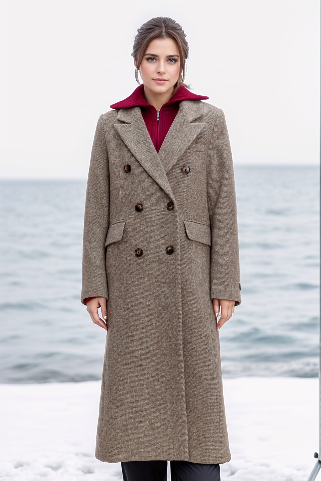 Пальто двубортное драповое с шерстью - цвет коричневый - 12