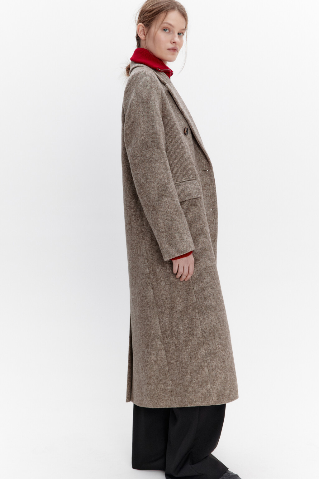 Пальто двубортное драповое с шерстью - цвет коричневый - 2