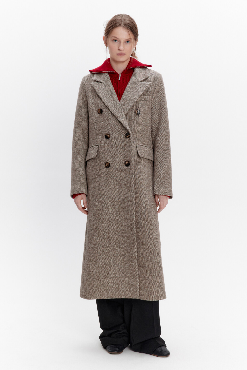 Пальто двубортное драповое с шерстью - цвет коричневый - 3