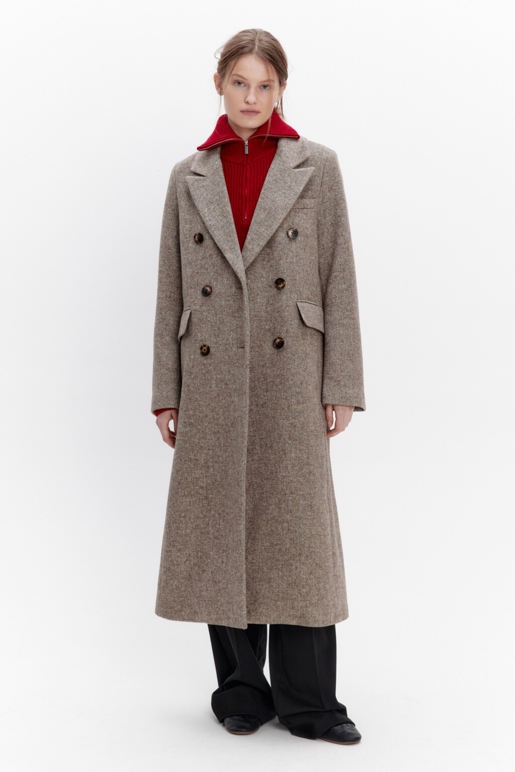 Пальто двубортное драповое с шерстью - цвет коричневый - 6
