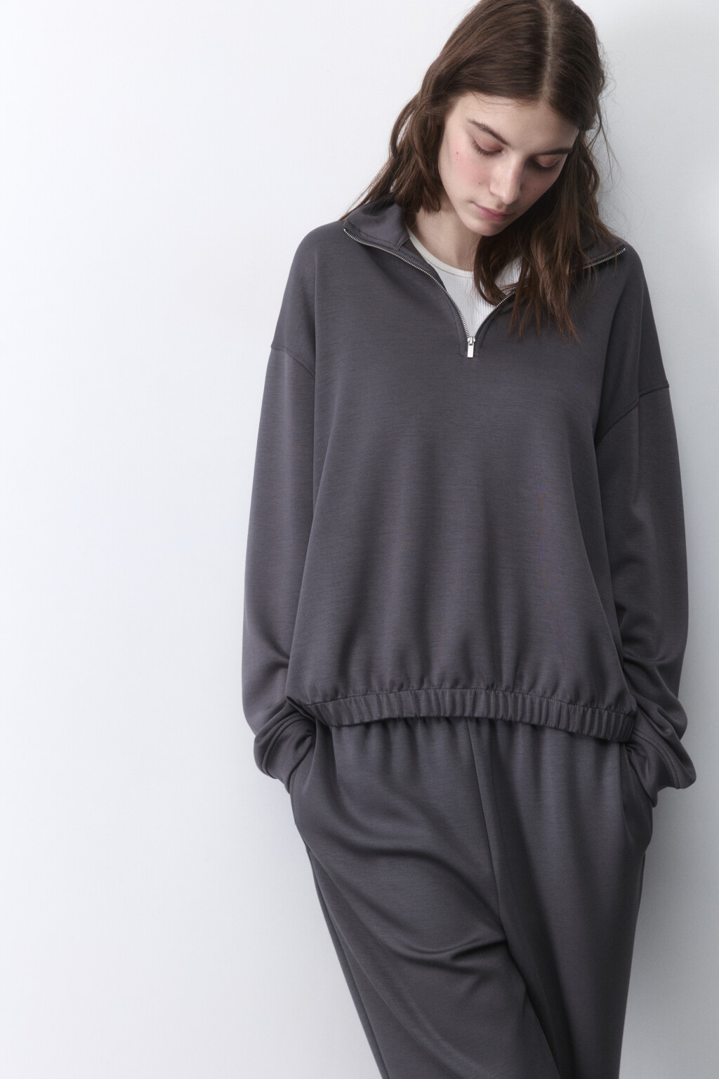 Худи half zip спортивная из трикотажа - цвет серый - 3