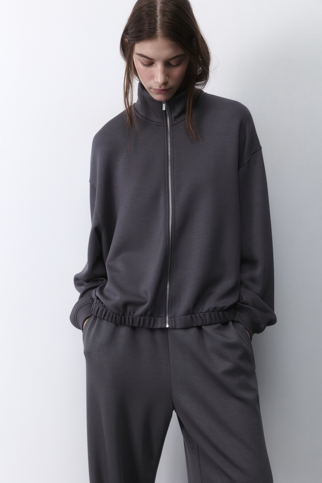 Худи-зипка спортивная из трикотажа - цвет серый - 1