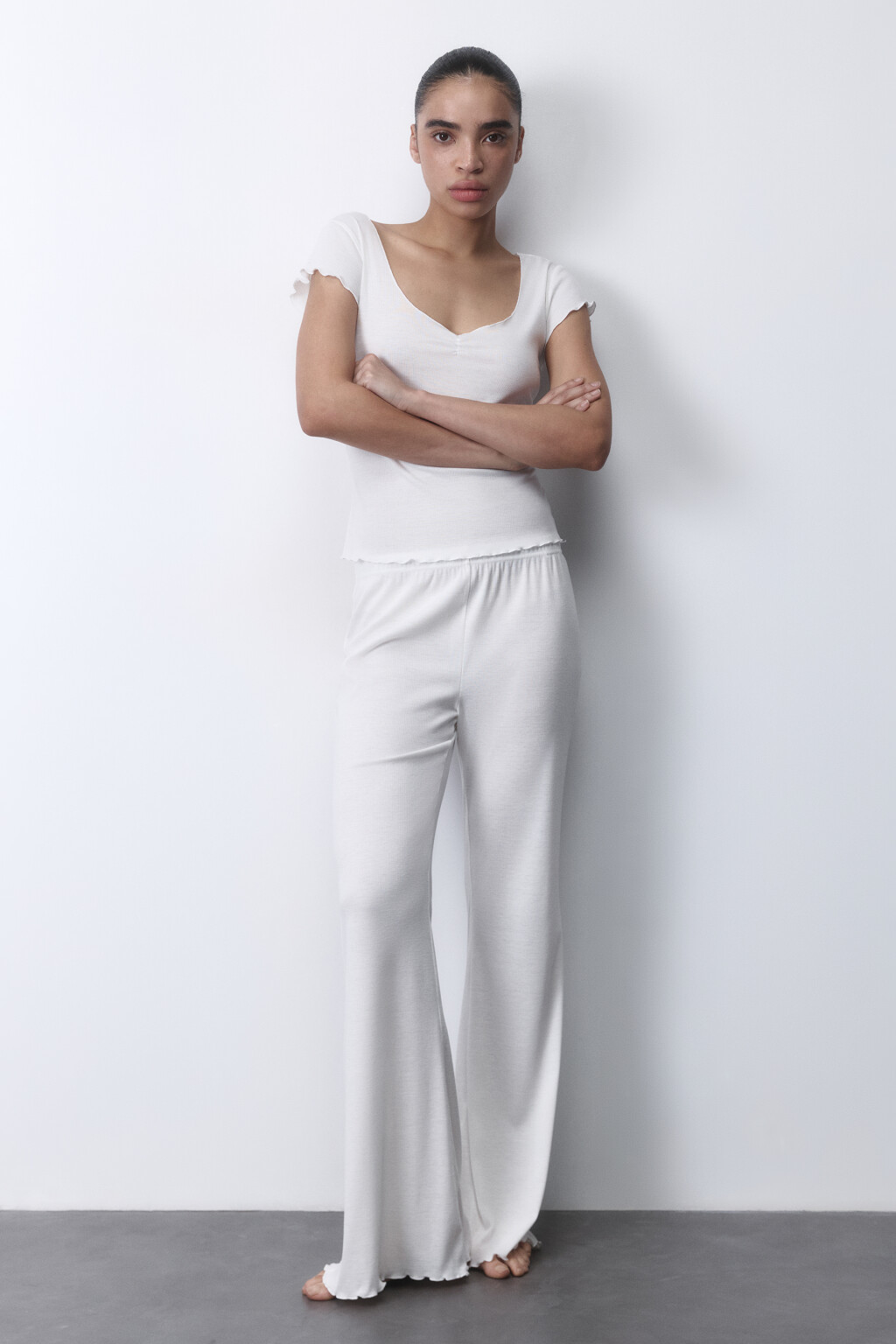 Брюки домашние широкие с волнистыми краями - цвет ванильный - 5