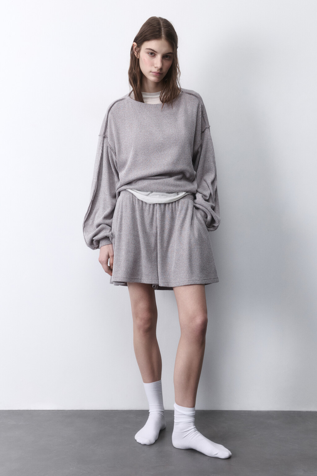 Шорты домашние трикотажные в рубчик - цвет серый - 4