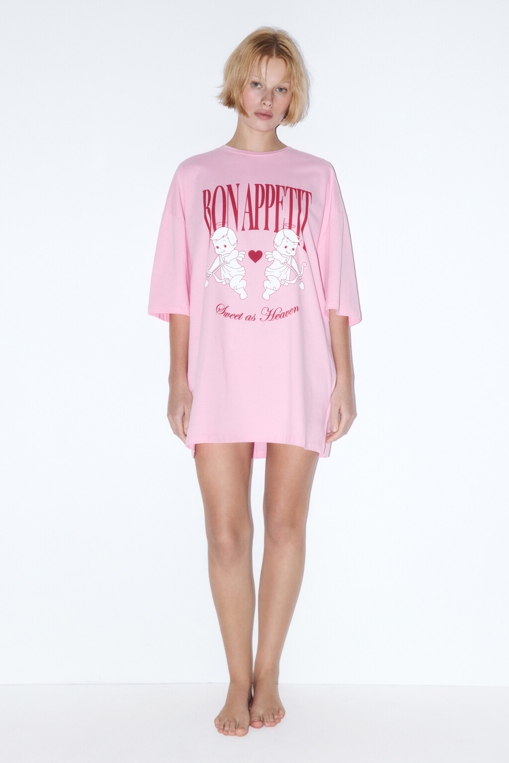 Платье-футболка домашнее хлопковое с принтом - цвет розовый - 4