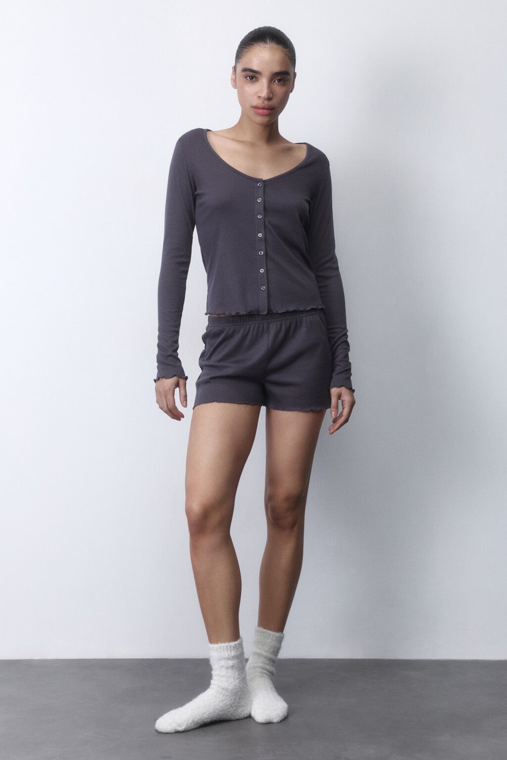 Лонгслив домашний с волнистыми краями - цвет серый - 5