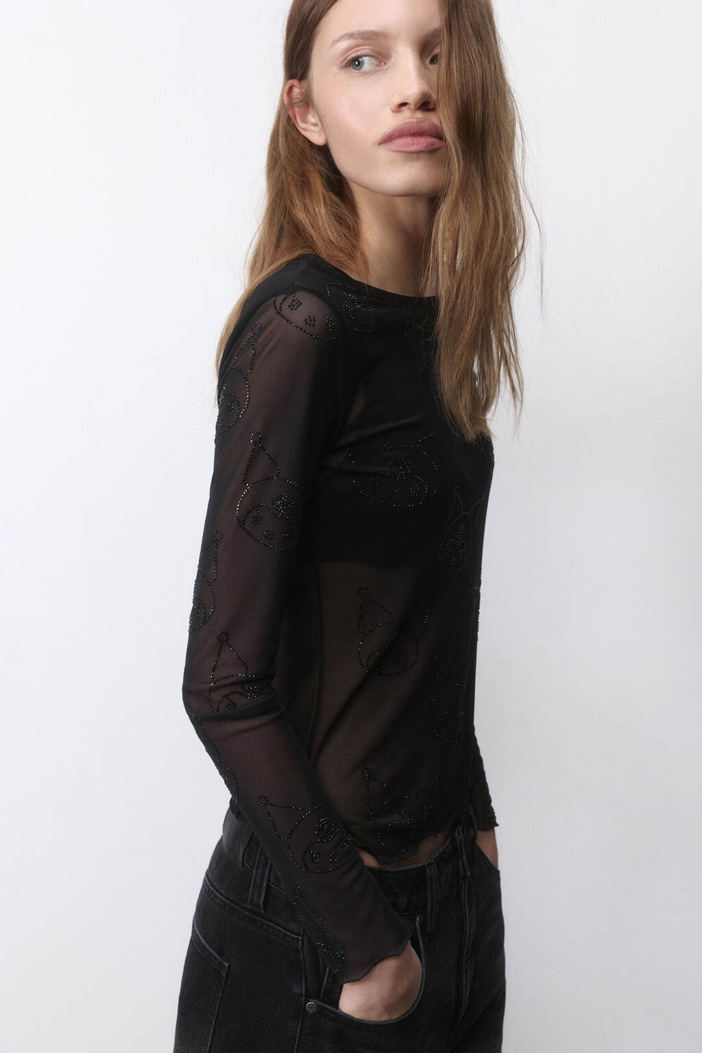 Лонгслив сетчатый с принтом из страз - цвет черный - 3