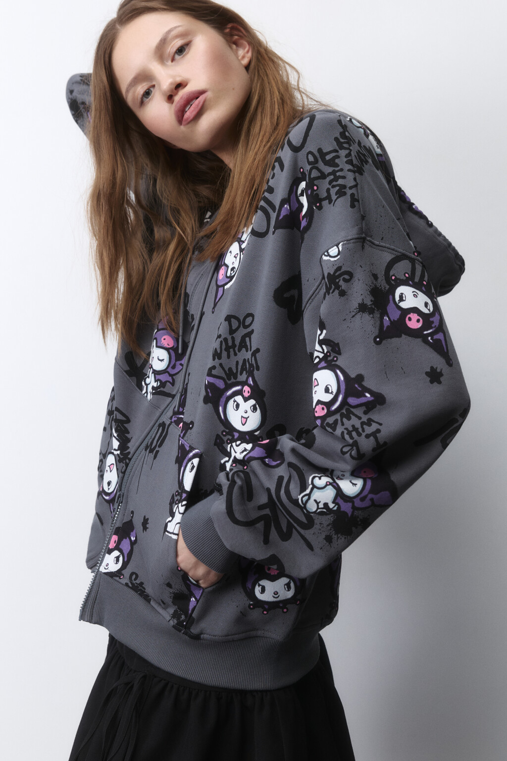 Худи-зипка oversize из футера с принтом - цвет черный - 2