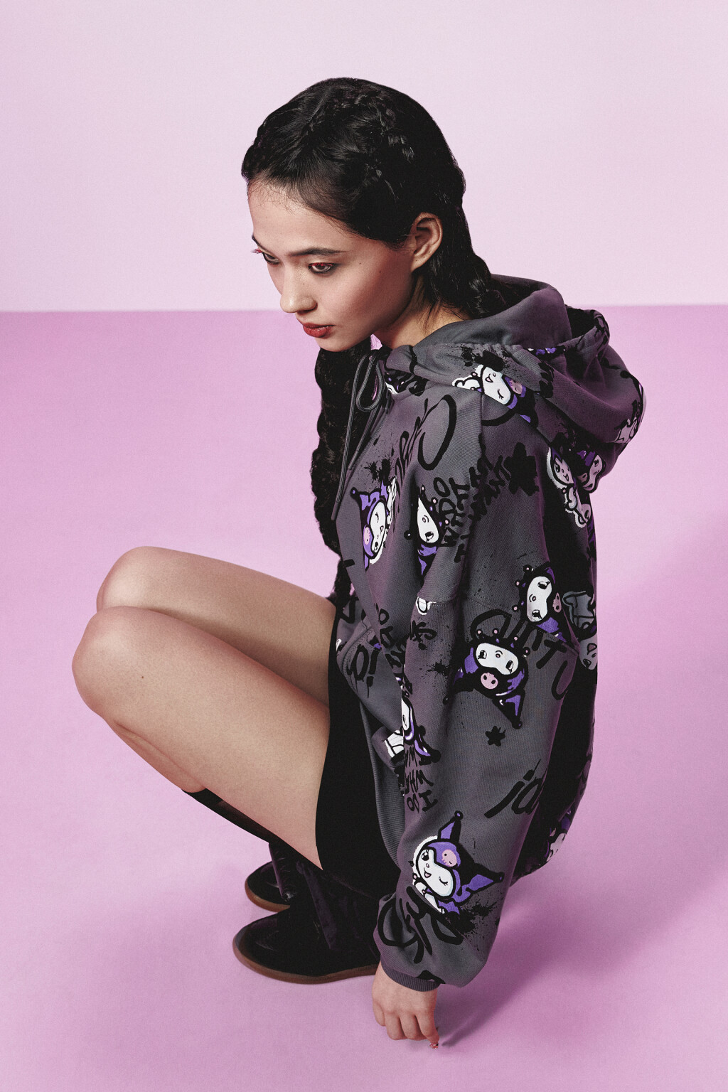 Худи-зипка oversize из футера с принтом - цвет черный - 1