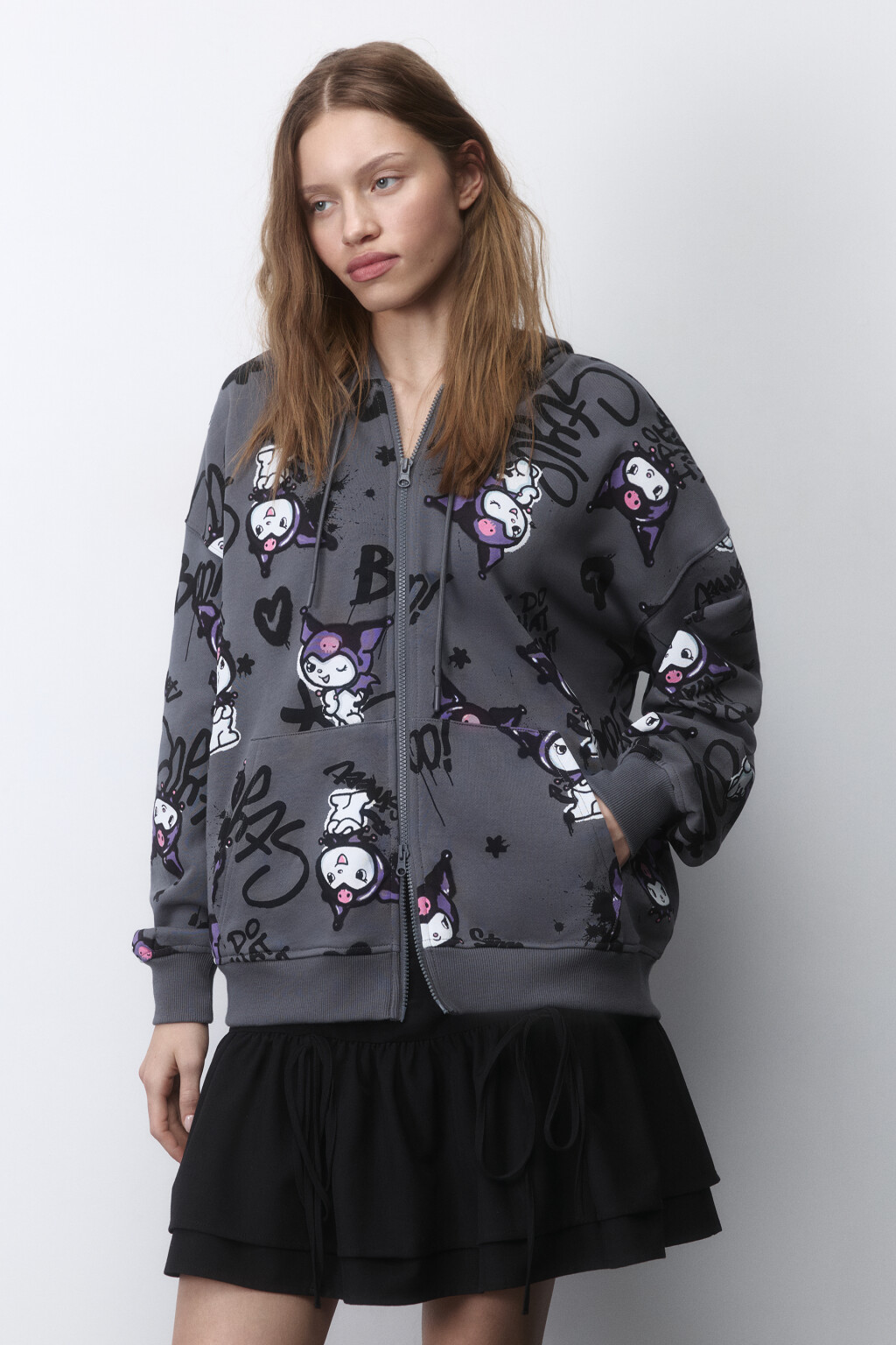 Худи-зипка oversize из футера с принтом - цвет черный - 3