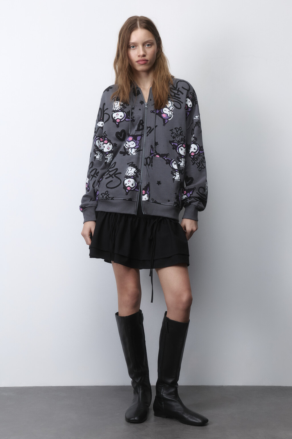 Худи-зипка oversize из футера с принтом - цвет черный - 5