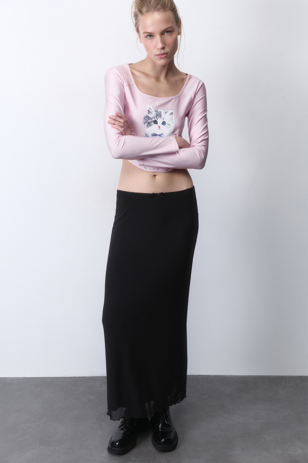 Юбка макси из сетки с бельевым бантиком - цвет черный - 1