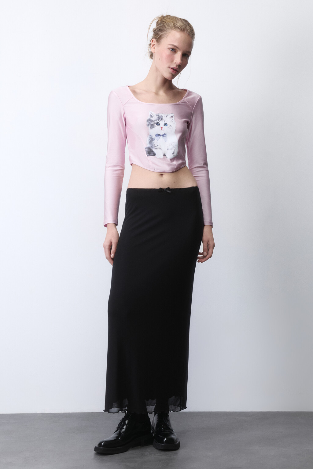 Юбка макси из сетки с бельевым бантиком - цвет черный - 5