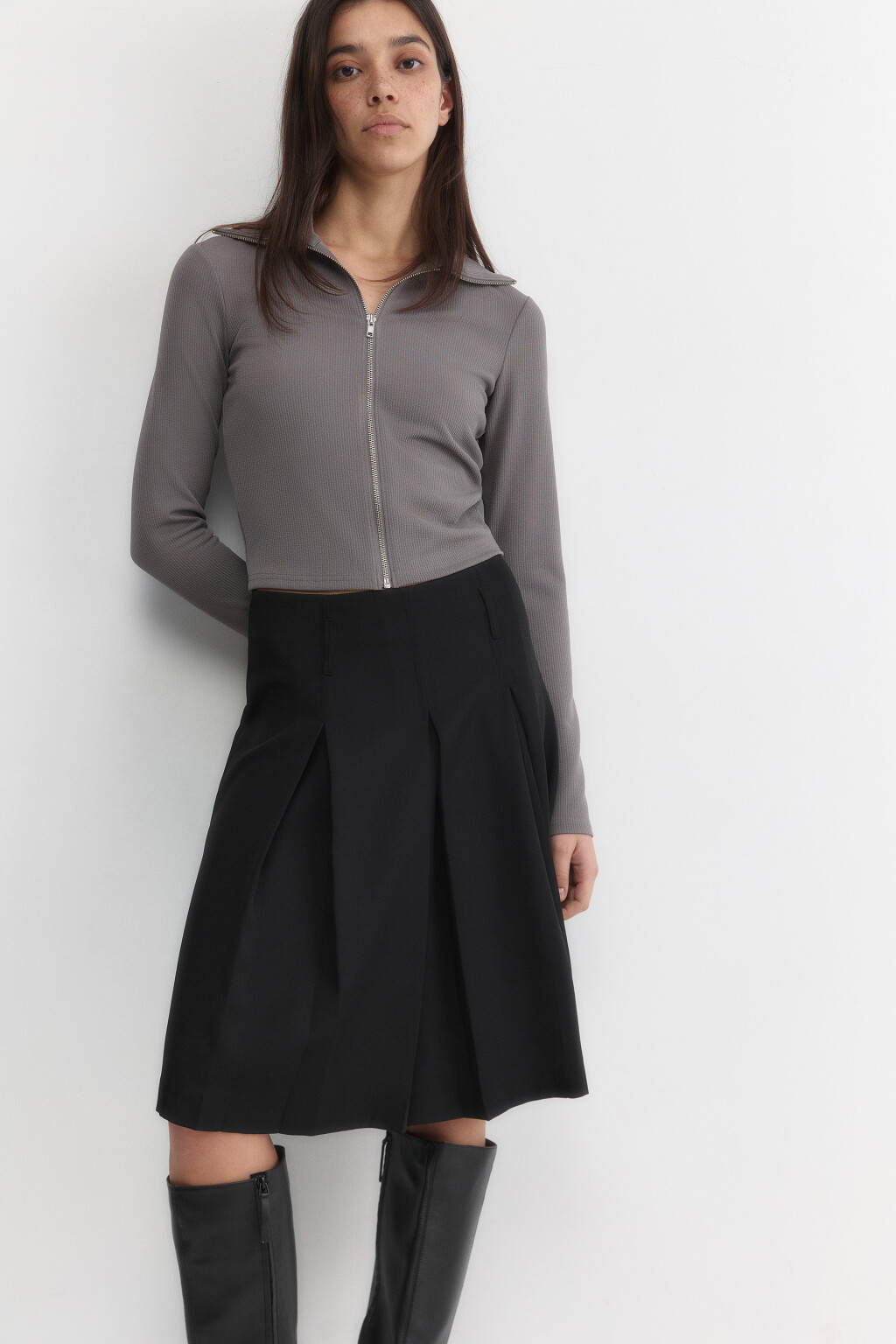 Лонгслив на молнии облегающий с воротником - цвет серый - 1