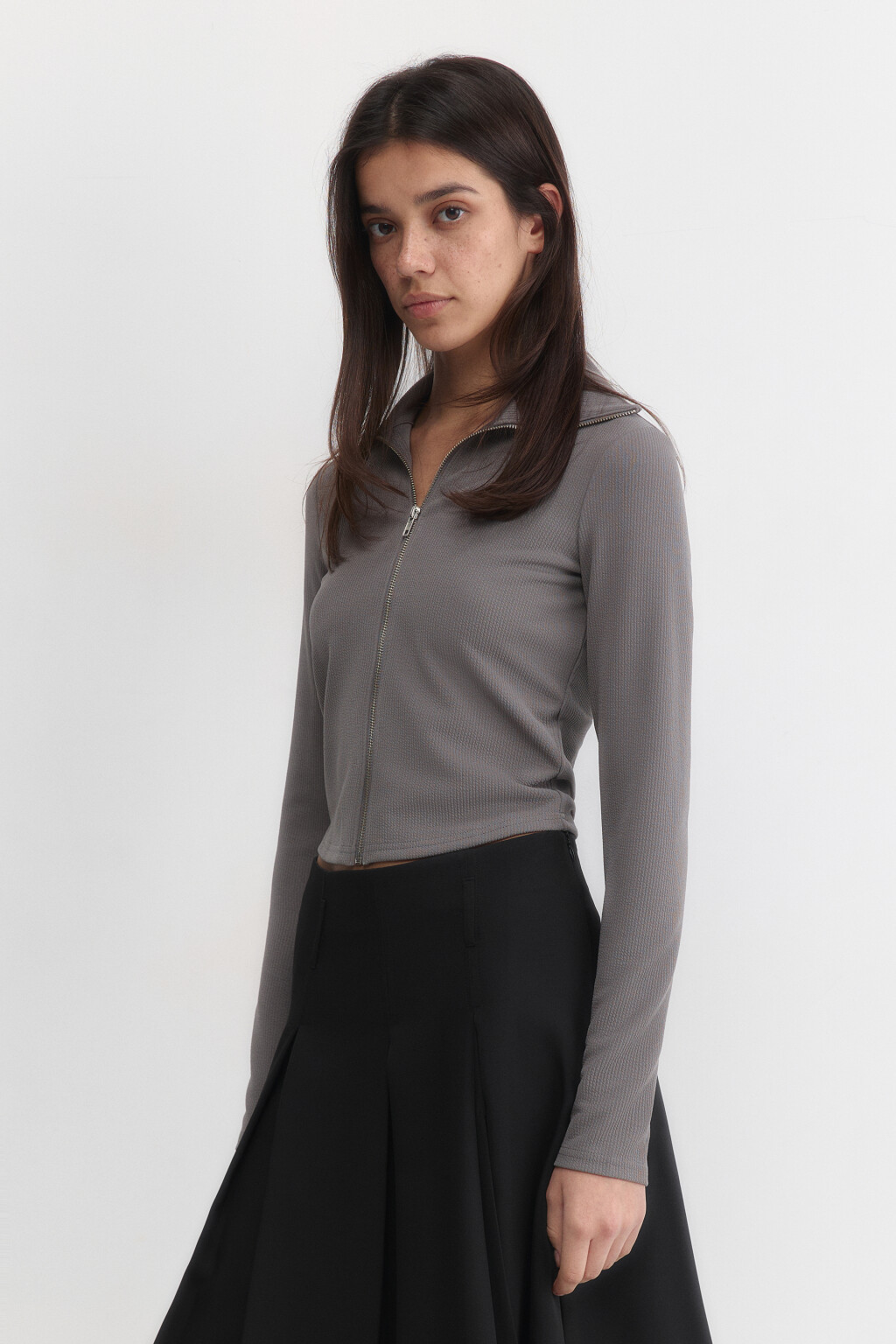 Лонгслив на молнии облегающий с воротником - цвет серый - 3