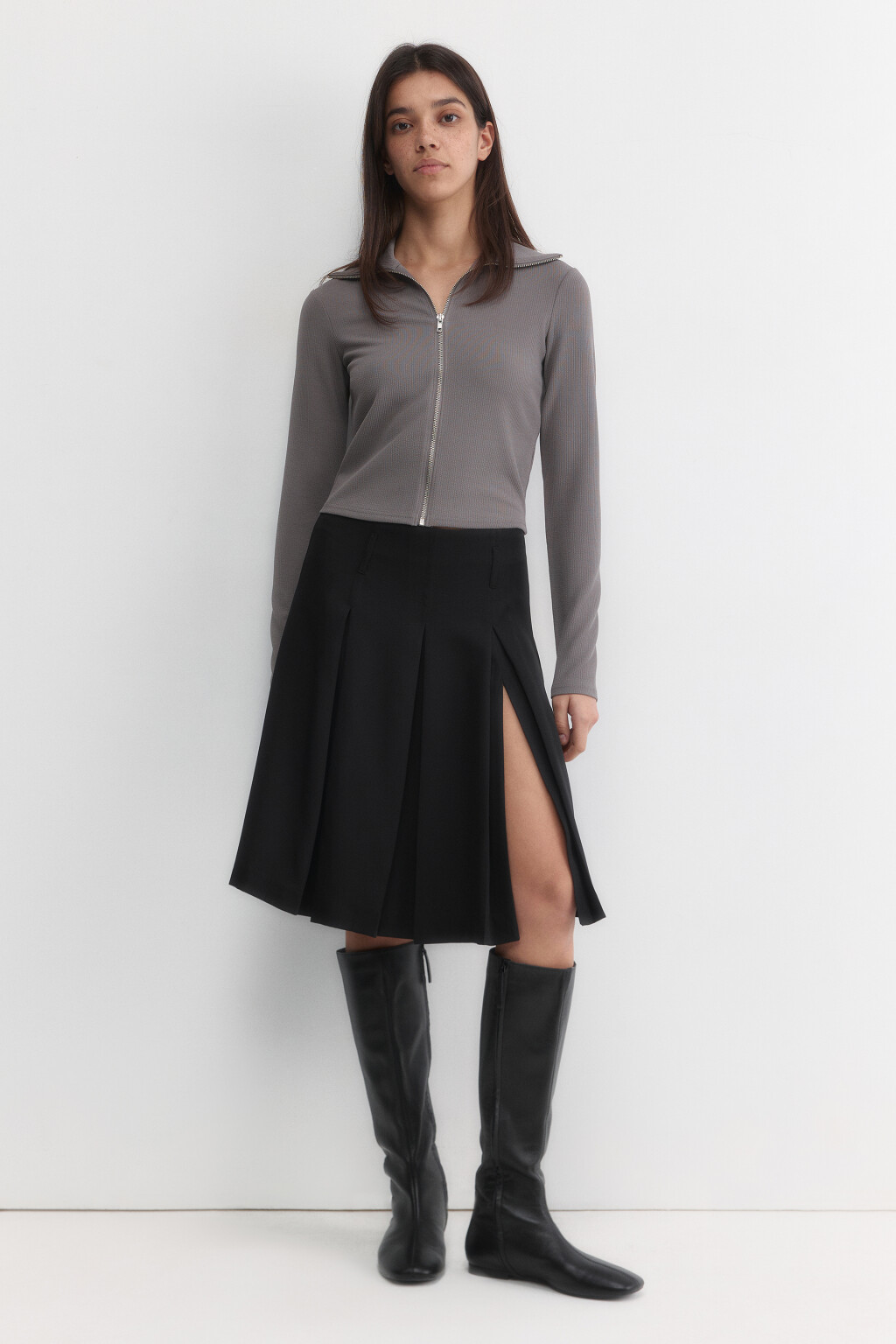 Лонгслив на молнии облегающий с воротником - цвет серый - 5