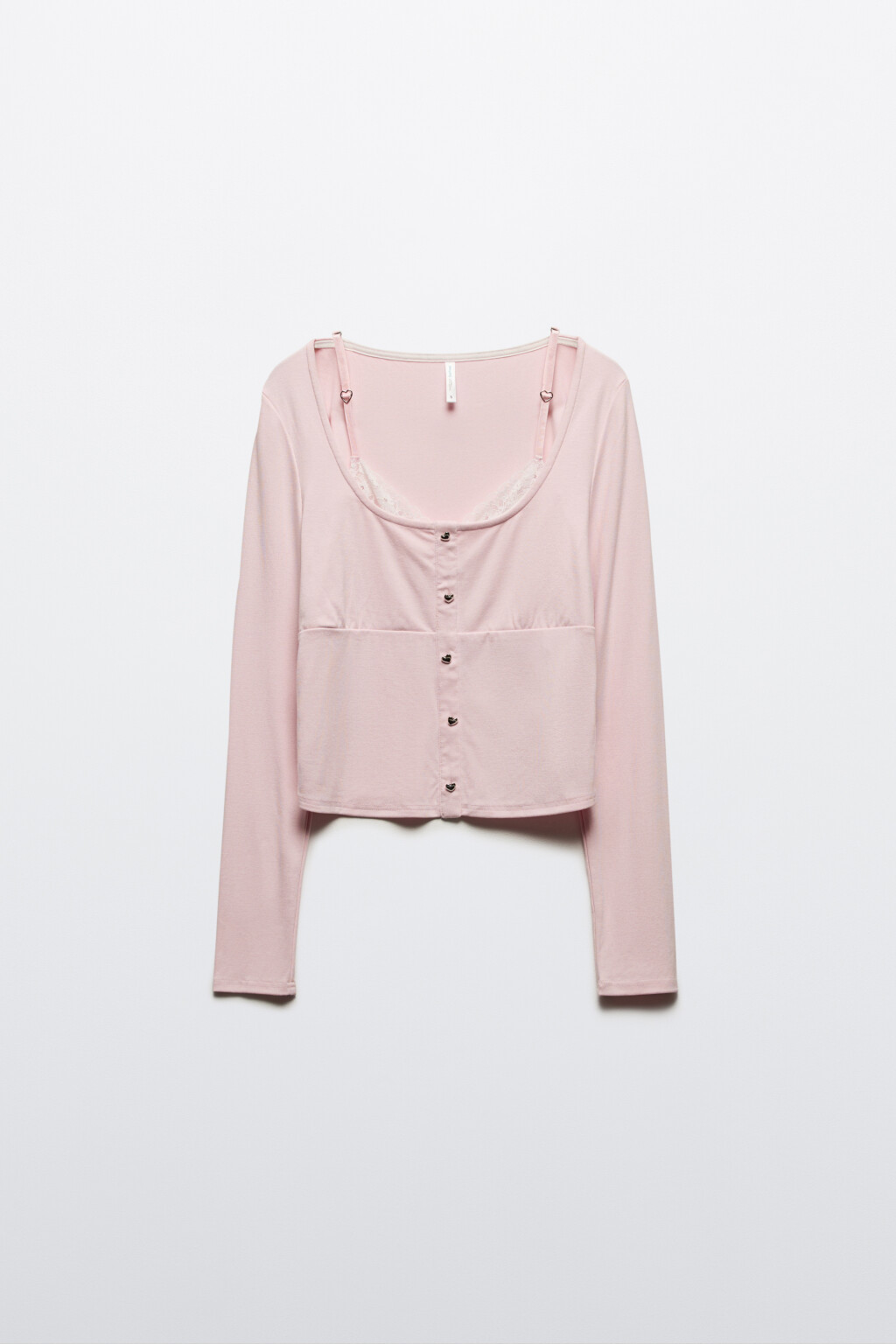 Лонгслив облегающий с вырезом-каре и кружевом - цвет розовый - 9