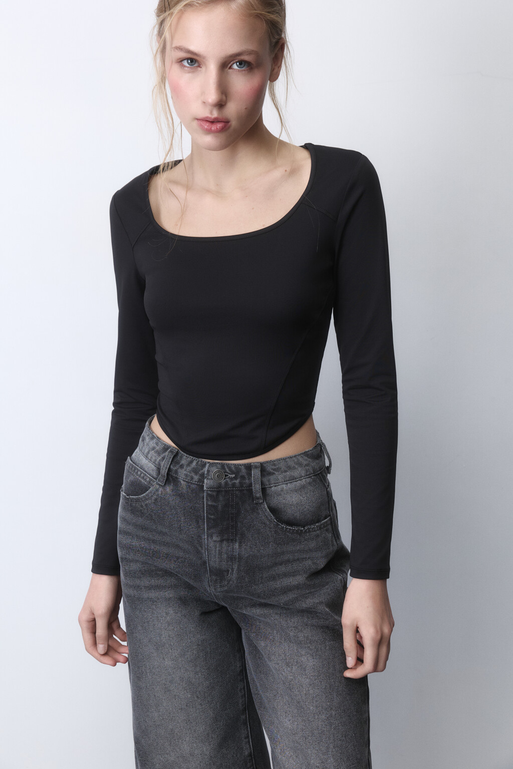 Лонгслив-корсет трикотажный с вырезом-каре - цвет черный - 1