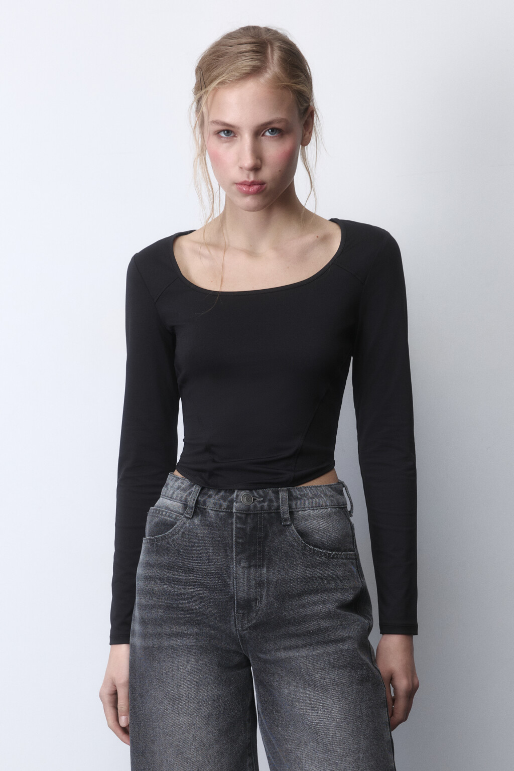 Лонгслив-корсет трикотажный с вырезом-каре - цвет черный - 2