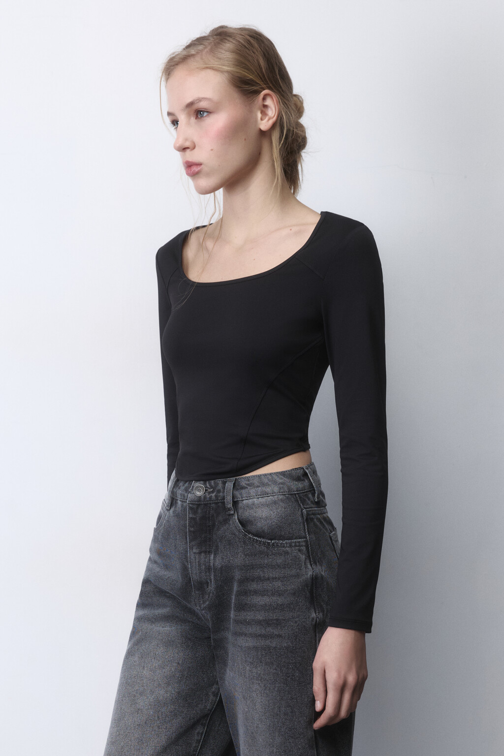 Лонгслив-корсет трикотажный с вырезом-каре - цвет черный - 3