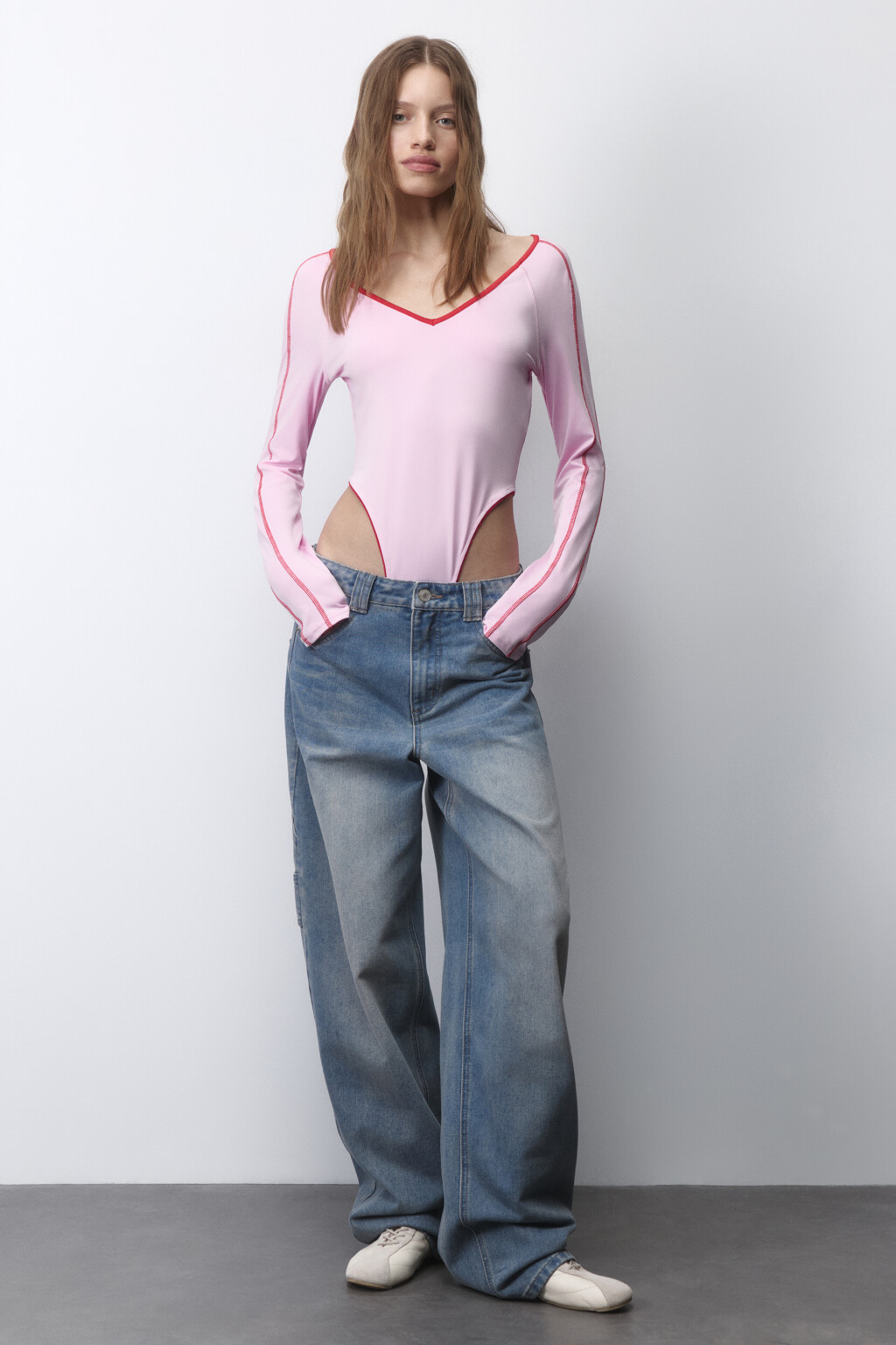 Боди-лонгслив с контрастными швами - цвет розовый - 4
