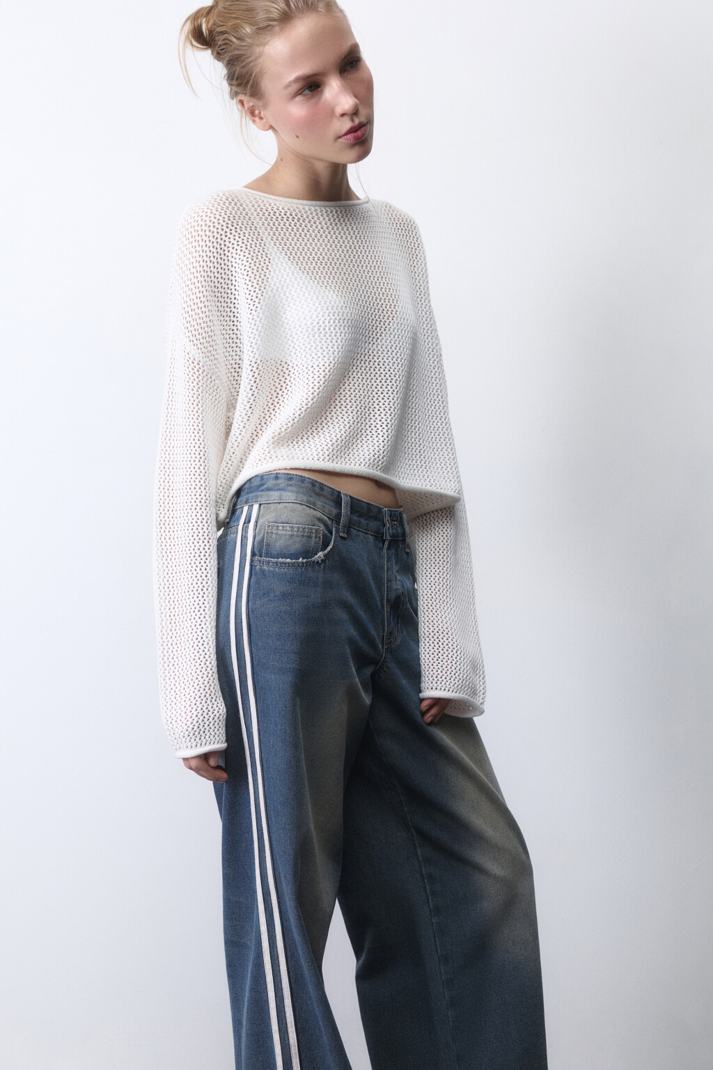 Джемпер укороченный из ткани кроше - цвет молочный - 1