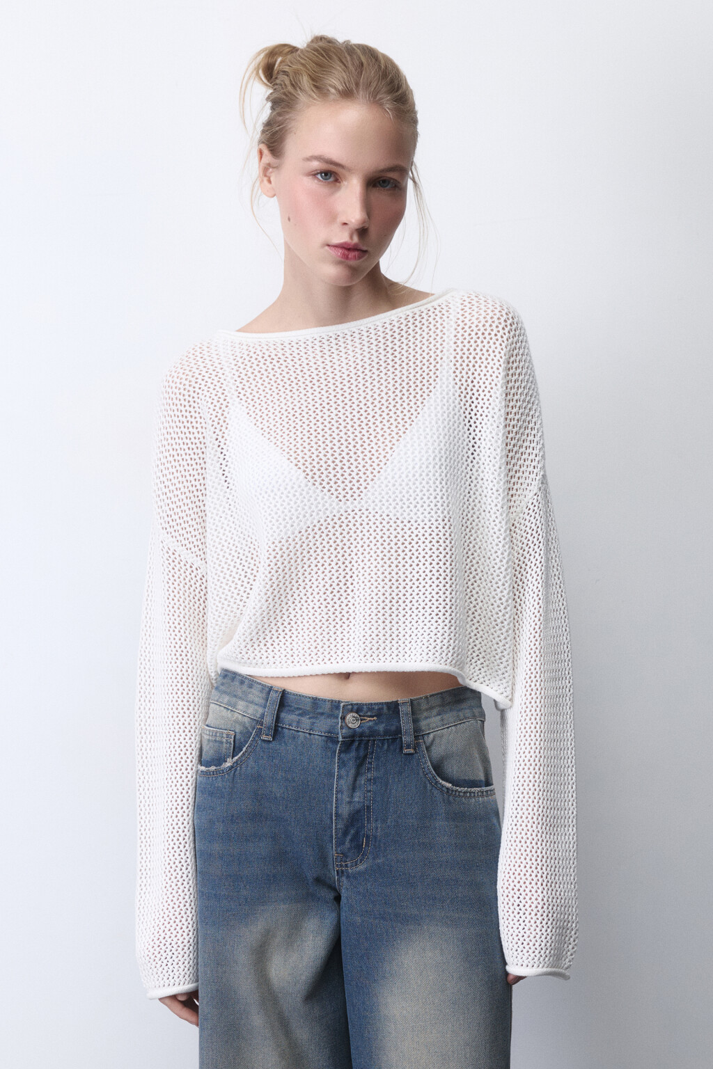 Джемпер укороченный из ткани кроше - цвет молочный - 2