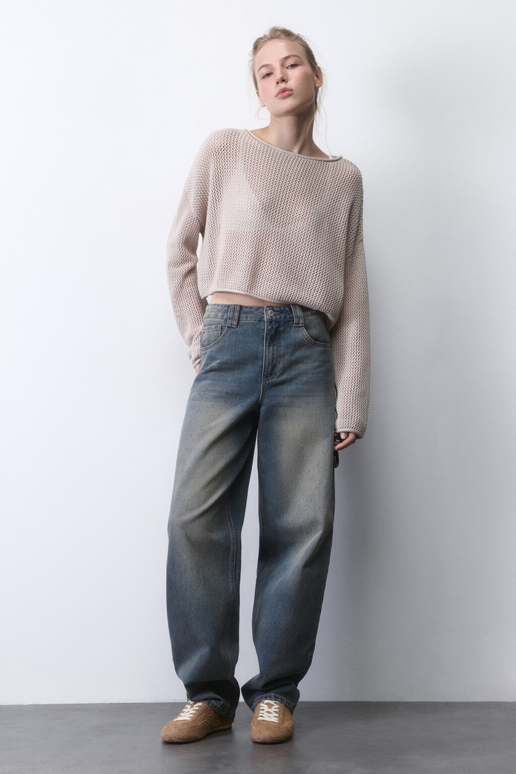 Джемпер укороченный из ткани кроше - цвет бежевый - 5