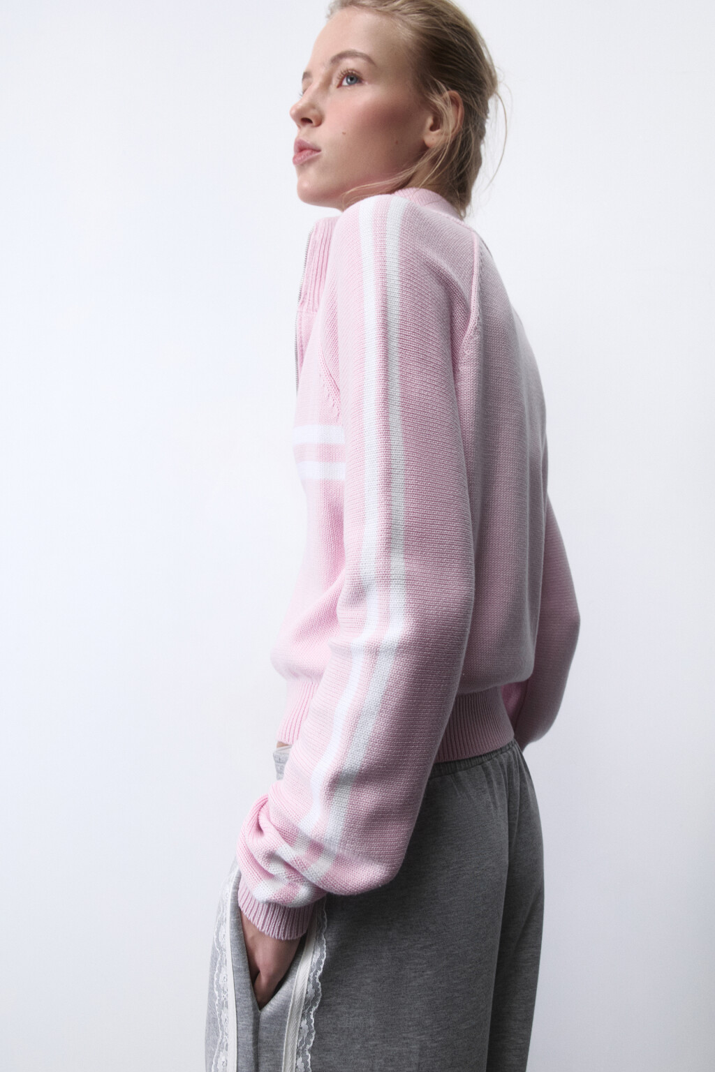 Кардиган вязаный на молнии с лампасами - цвет розовый - 2