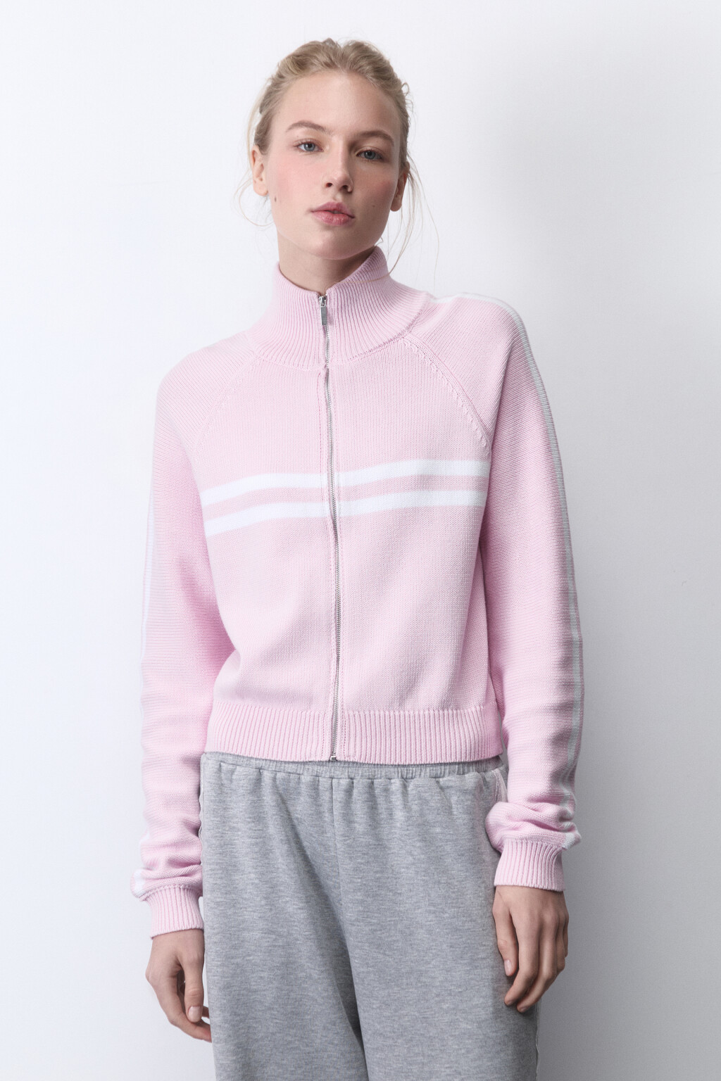 Кардиган вязаный на молнии с лампасами - цвет розовый - 3