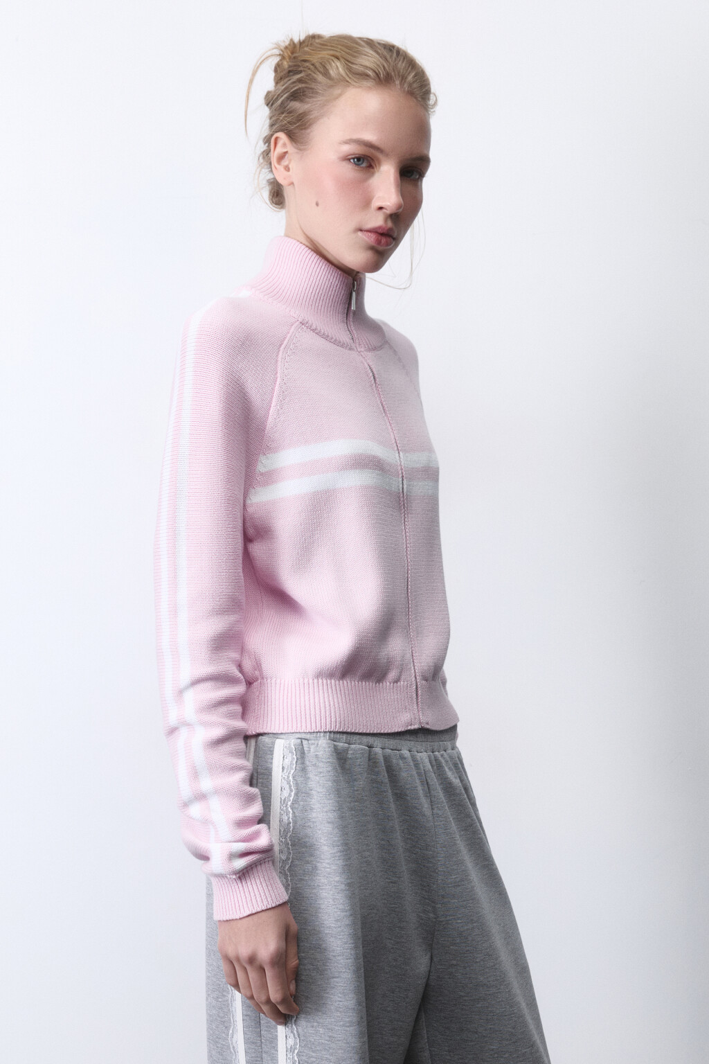 Кардиган вязаный на молнии с лампасами - цвет розовый - 4