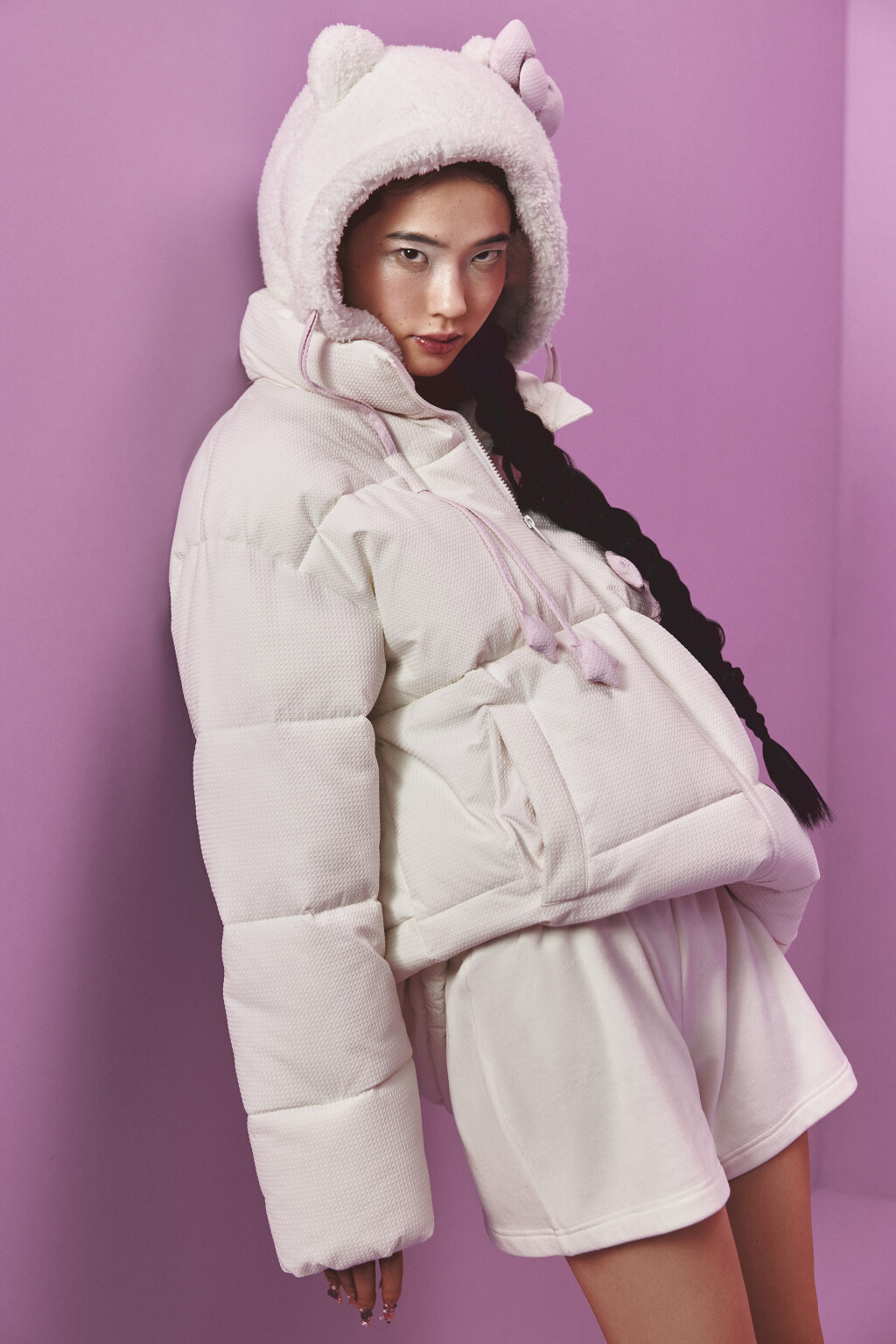 Куртка стеганая с флисовым капюшоном и ушками - цвет молочный - 1