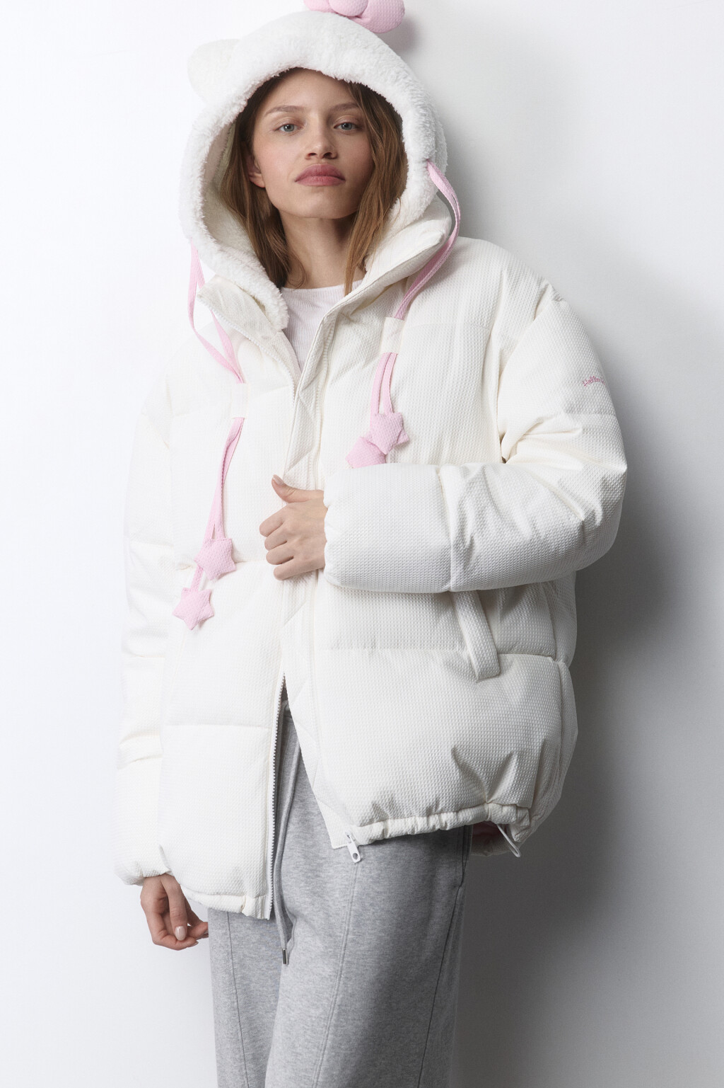 Куртка стеганая с флисовым капюшоном и ушками - цвет молочный - 3