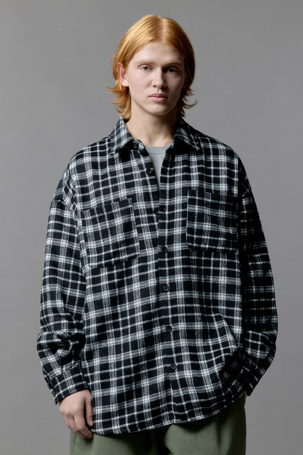 Рубашка теплая с принтом в клетку - цвет зеленый - 2